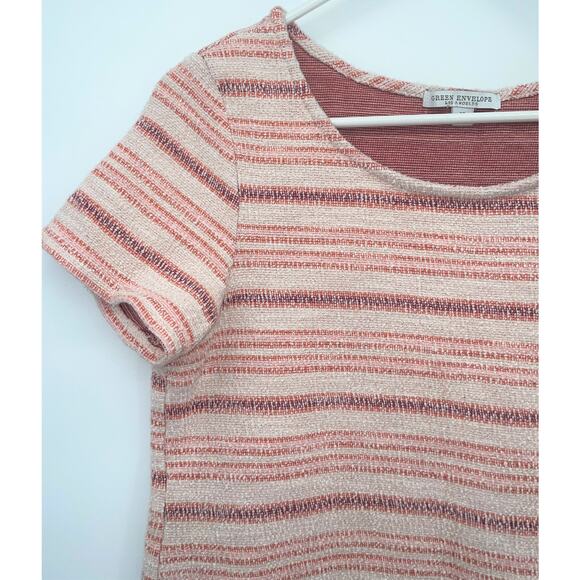 Green Envelope Pink Striped Short Sleeve T Shirt Raw Hem Round Neckline BOHO M‎ - Picture 5 of 7